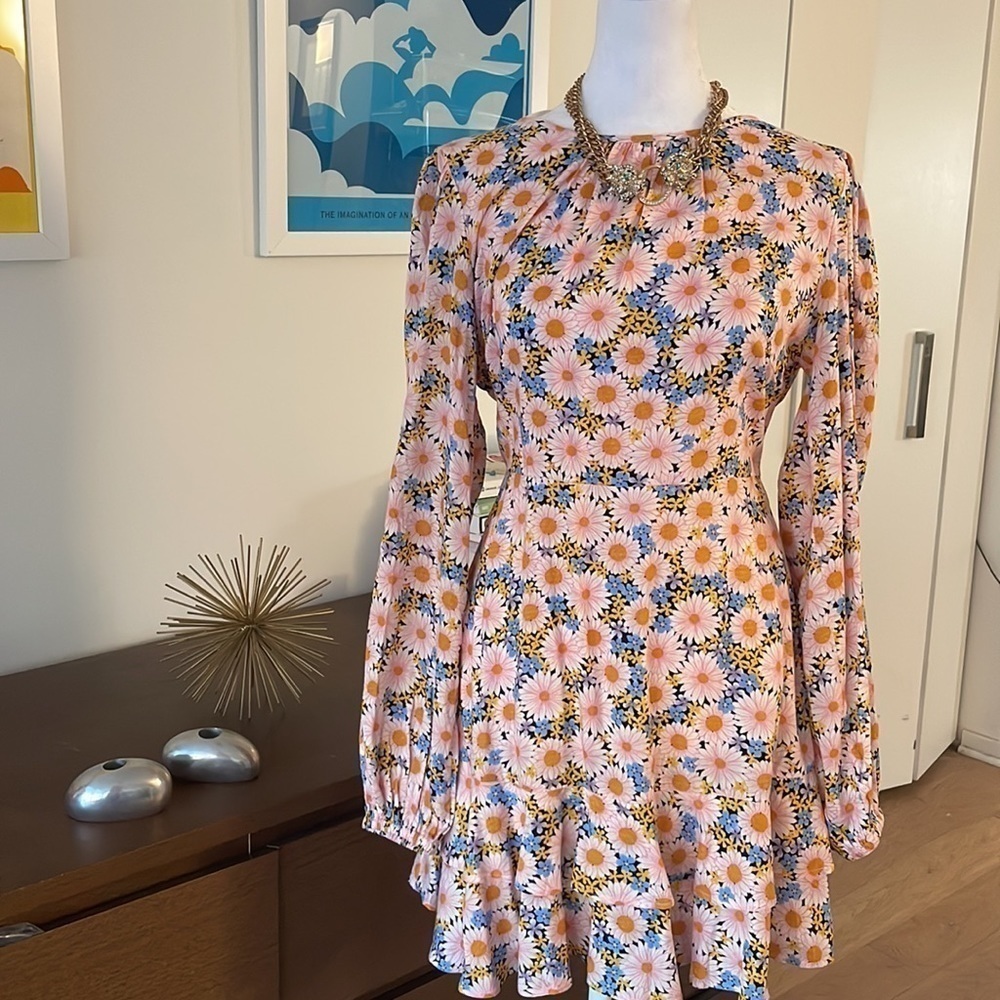 Miss Selfridge Floral Mini Dres Long Sleeve Slit Back